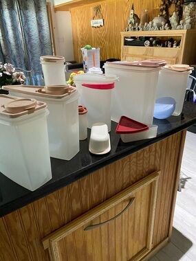 Tupperware Clear Food Storage Canister Set with Beige and Pink Lids bundle